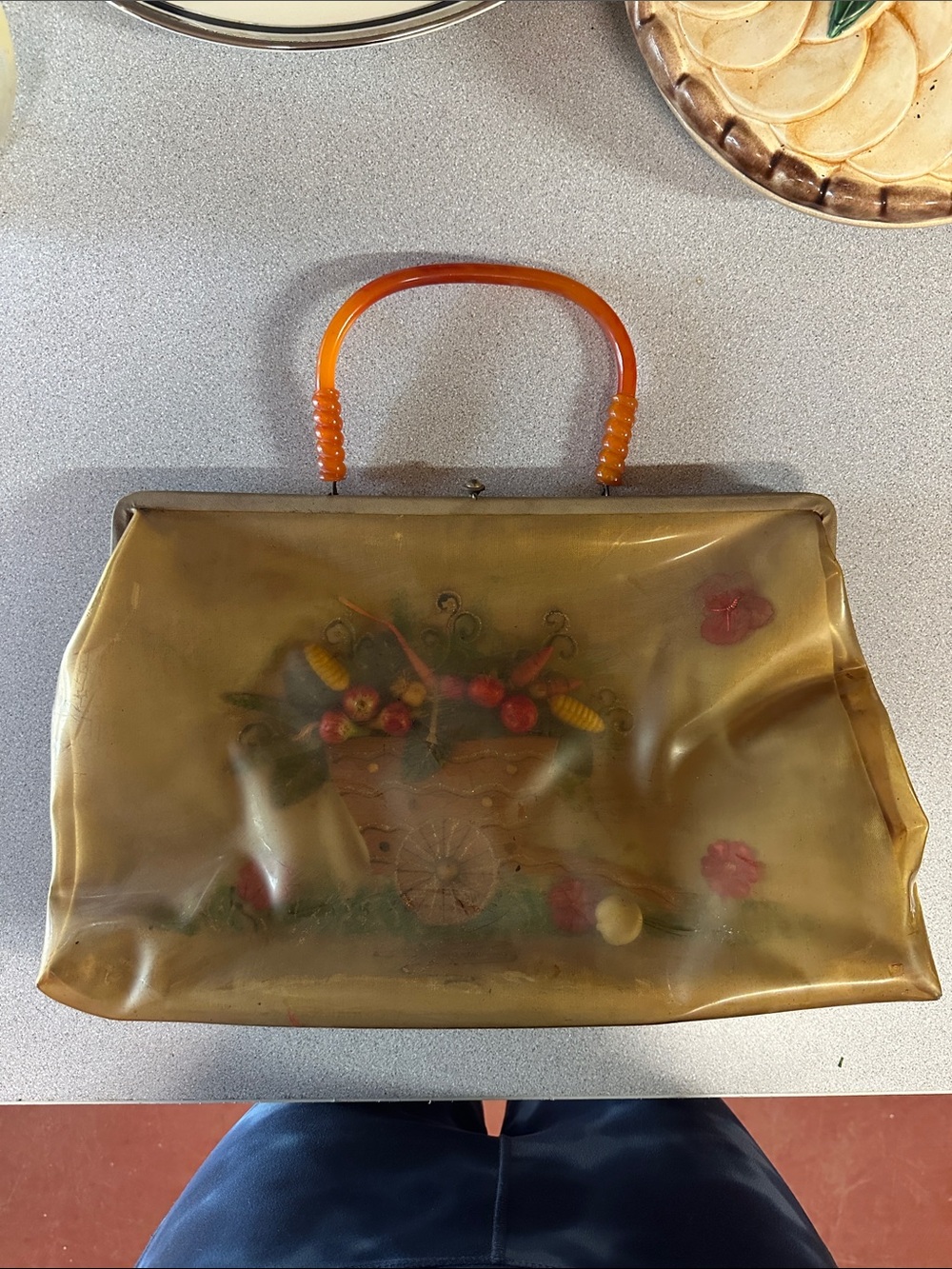 Vintage Amber Lucite Handbag with Floral Cart Design